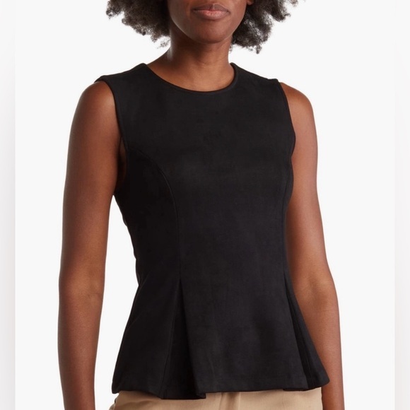 T Tahari Faux Suede Front Ponte Black Sleeveless Top Zipper Closure Size 8